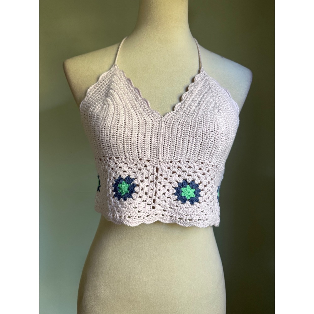 Aerie Crochet Halter Lilac Floral Granny Square Boho Crop Top M boho whimsigoth
